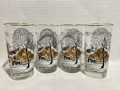 (4)Vtg Libbey Clear Glass/Wh./Black/Gold Farm/Snowy Homestead Christmas Tumblers