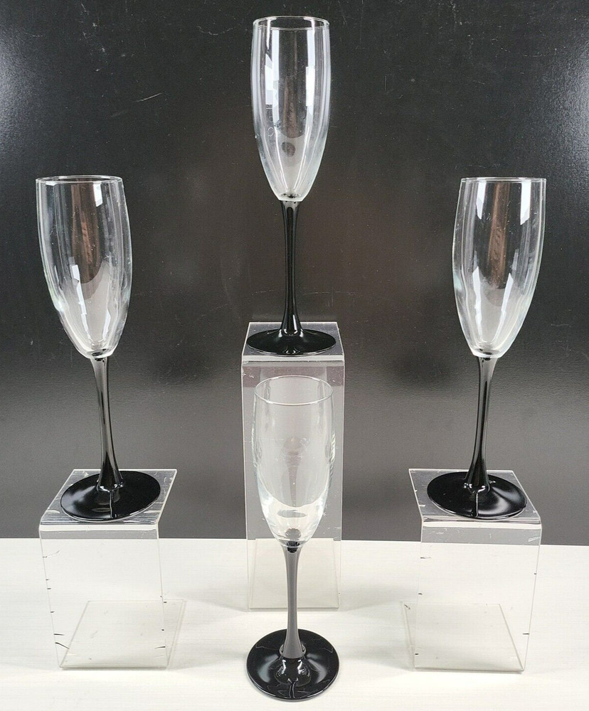 (4) Luminarc Domino Signature Black Fluted Champagne Set Elegant Cristal France