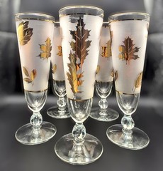 Libbey Golden Foliage Set Of 5 Champagne Pilsner Glasses 22K Gold Leaf MCM