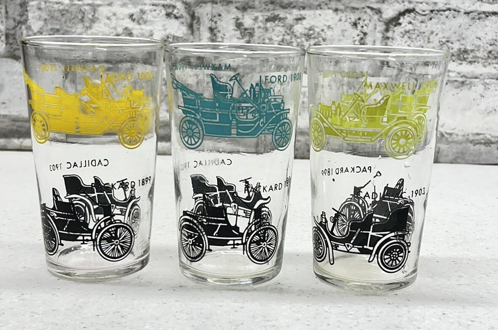 Vintage Federal Glass Set of 3 MCM Old Cars Ford Packard Cadillac Tumblers