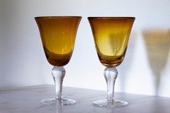 2 Artland Amber Water Goblets Hand Blown with Clear Stem