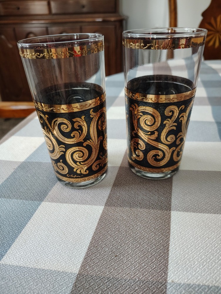 CULVER EBONY BAROQUE Scroll 12 Tumblers Highball BLACK 22K GOLD Tall Glass