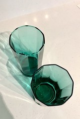 Vtg Anchor Hocking Essex Teal Green Glasses 10 Panel 6.25” Tall Pair Pint Glass*