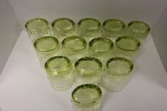 Set of 13 oval, green bubbled glass drinking glasses, 12 fluid oz capacity