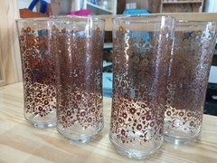 Vintage Glasses Tumbler Tall Brown Flowers 6.5 inches MCM