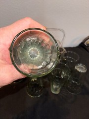 Mid Century Modern Set Of 8 Four Oz Cutting Chai Glasses & Metal Wire Caddy Wood