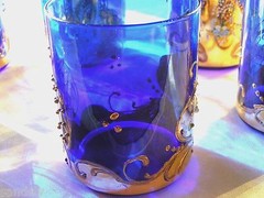 6 Rare Vintage Cocktail Glasses Holiday Party Blue 3D Flowers 24K Gold Overlay