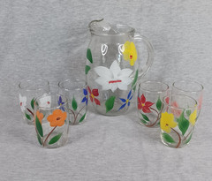 Vintage Bartlett Collins Juice Set Pitcher + 6 Glasses Hand Painted Floral MCM