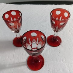 Set Of 3 Ruby Red Cut To Clear 3 1/2″ Aperitif Cordial Glasses