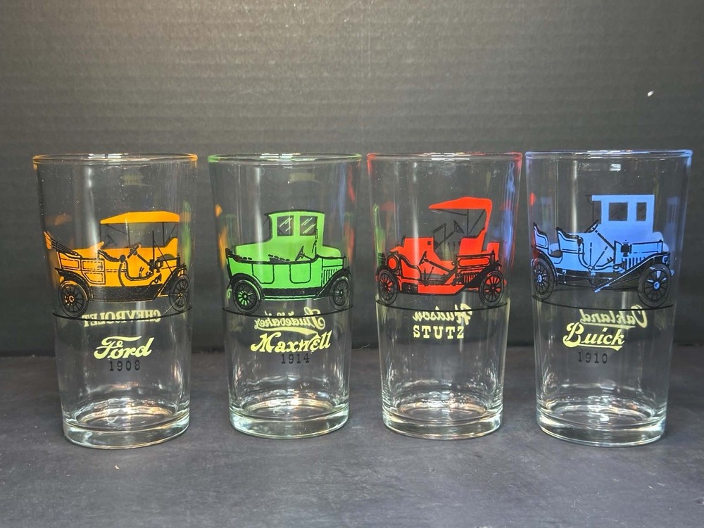 Vintage Hazel-Atlas Antique Car 24 oz Glass Ford, Chevy, Stutz, Hudson with Box