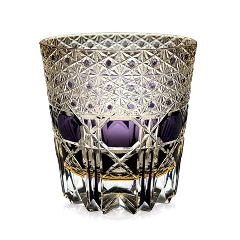 Edo Kiriko Crystal Whiskey Glasses Hand Cut To Clear Purple 12oz Gift Packing US