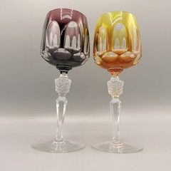 Bohemian Art Crystal Wine Glasses Pair Amber Amethyst Two Tone Faceted Stem
