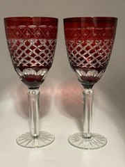 Pair of Ruby Red, and clear Bohemian wine goblets,