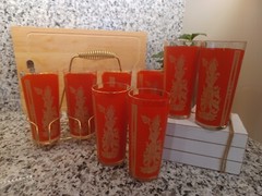 Red Gold Siam Thai Goddess Culver High Ball Glasses With Caddy 1960s Set Of 8