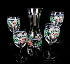 Ranmaru Japanese Glass Kensington Floral Grapes 5pc 10.75″ Carafe & Glasses 1970