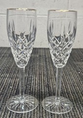 (2) Waterford Crystal Araglin Pattern 8.5″ Gold Rimmed Crystal Champagne Flute
