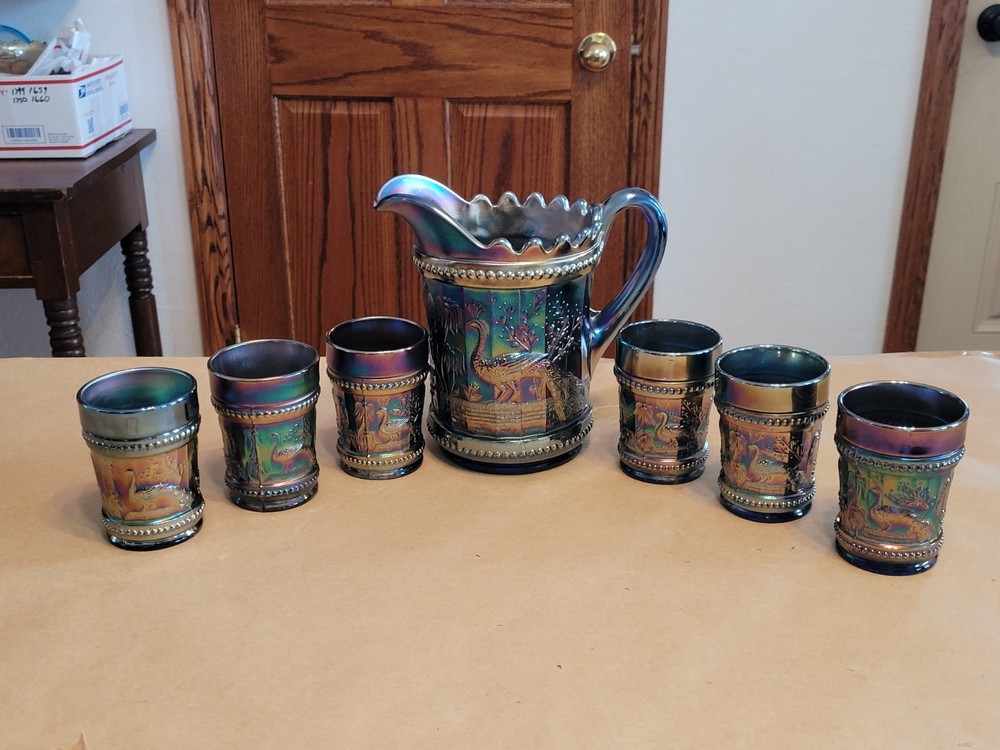 Pretty Blue Dugan Carnival Glass Peacock at the Fountain 7 Piece Water Set