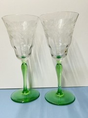 Vintage Pair Optic Panel Etched Glass Depression Uranium Stem UV Glow
