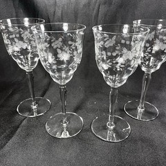 4 VTG Colony (?) Wine Glasses Goblets Floral Etched Lead Free Clear Cut Flaw