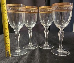 Vintage American Cut Crystal Wine Glasses w/ Gold Oak Leaf Embellishments