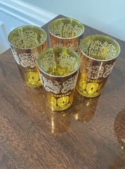 Vintage Crown Dynasty Amber Barware Gold Gilt Filigree Elaborate Design Set Of 4