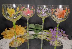 4 Block FULL BLOOM Hand Painted Crystal Balloon Wine Glasses Set w/Orig Stickers