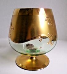 Bohemian Glass Hand Painted Enameled Flowers Gilt Gold Brandy Snifter, Set of 2