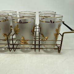 VTG 8 Libbey Gold Leaf Frosted 5.5″ Highball Glasses Service Set Carrier MCM