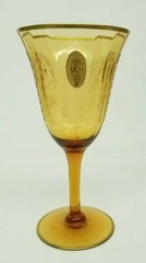 TIFFIN «CHARMAIN» AMBER 6 5/8″ WATER GOBLET IRIS ETCH GOLD ENCRUSTED – 7 AVAIL.