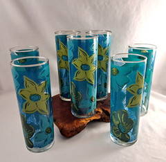 Set/7 Federal Glass 6.75″ TOM COLLINS Glasses Turquoise Floral Silver Rim