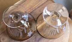 Michael Weems Hand Blown Glass Cocktail Glass Etched Ferns & Flowers Amber 5”x5”