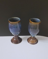 2 Bill Campbell Art Studio Drip Glaze Pottery Wine Goblets Blue Brown
