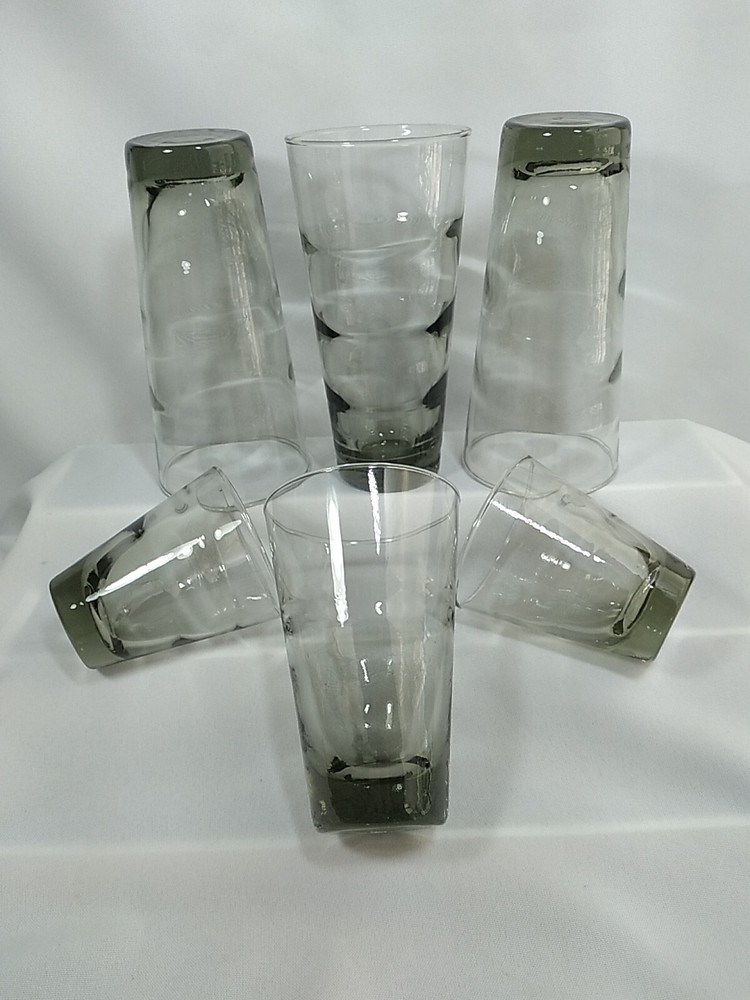 Vintage Libbey Glass Ripple Smoke Gray Coolers – 3 16oz, 1 8oz, 2 4oz, Set Of 6