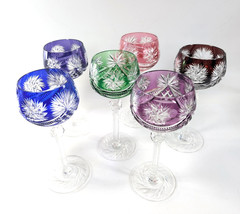Set of 6 – Bohemian Overlay Cut-to-Clear Crystal Wine Goblets Jewel Tones