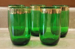 5 VTG Anchor Hocking Forest Green Glass tumbler Gold Filigree Rim Highball 10 oz