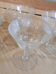 Vintage Champagne Sherbet Glasses with Etched Flowers Leaves & Vines Set of 4