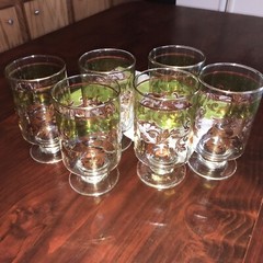 Set 6 Deep Goblets/Desert Embossed Gold Leaf Green Shadow Drink Glass Culver MCM