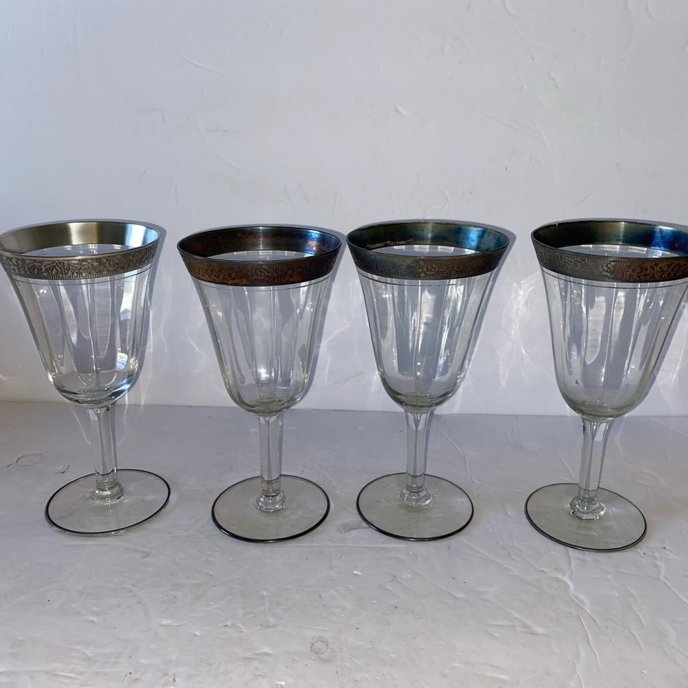 4 Tiffin Franciscan Clear Rose Rambler Wine Glasses with Silver Trim