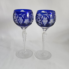 Vintage Pair Cobalt Blue Cut to Clear Crystal Wine Goblets Faceted Stem 8.25”