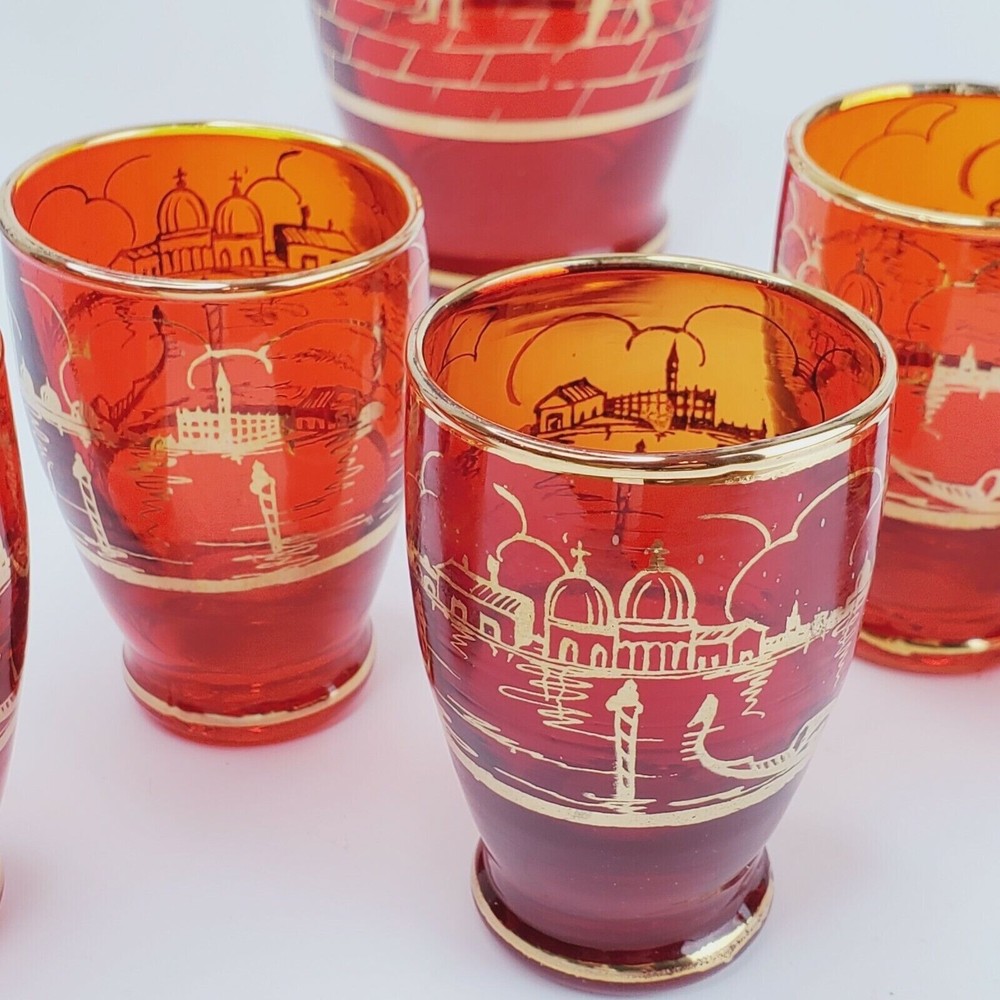 Lot of 5 Red Glass Cordial Tumbler Ruby Red Venetian Landscape Scenes Barware