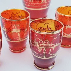 Lot of 5 Red Glass Cordial Tumbler Ruby Red Venetian Landscape Scenes Barware