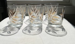 6 Vtg signed Black Ash Rocks/ Old Fashion Glasses clear w, White & Gold leaves
