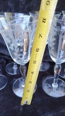 VTG Set Lot of 7 ETCHED 7 3/4″ Long Stem Wine Glasses Floral or Berries + Leaves