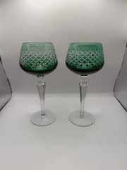 Vintage Pair of Green Cut to Clear Wine Goblets Diamond Cut 7 3/4″ VG Cond