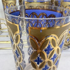 Vtg Set 8 Pasinski MCM Barware 22K Gold Blue Seville Highball Tumbler Glass Rack