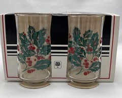 Vintage Set of 4 ~ Crisa Clearly Holly & Berries Glasses 12oz Original Packaging