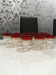 Set of 8 Clear Glass Cordial Cups Red Rim Footed With Handles 3.5 in