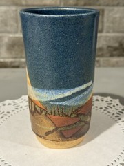 Signed STUDIO Art POTTERY NORTHWEST SKYLINE Tumbler 12oz COWBOY FENCE