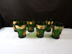 Set of 6 Northwood Memphis Tumblers Green Glass w/ Gold Trim – Wear on Gold Trim