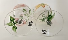 Set of 2 Hand Painted Floral Wine Glasses Pink Flower & Yellow Lily Art Glass